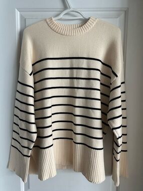 Zara Cream Crewneck Sweater with Black Stripes